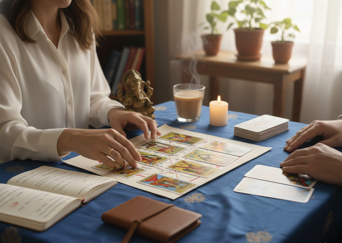 A tarot reading session with cards laid out in a spread on a blue cloth beside a candle