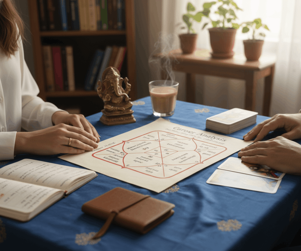 An online Vedic astrology consultation with a hand-drawn birth chart on the table