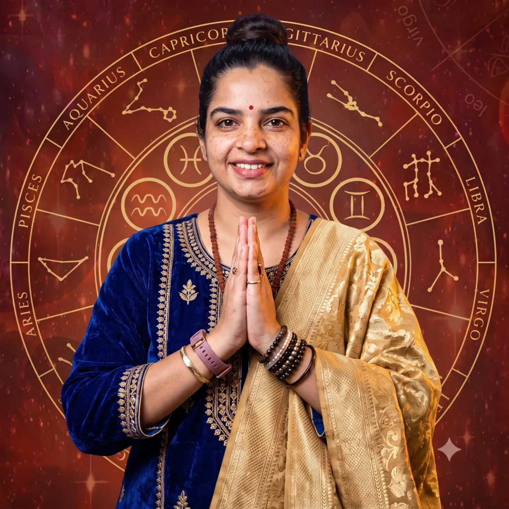 Acharya Shweta Sharma, Vedic astrologer in Gurugram, greeting with folded hands